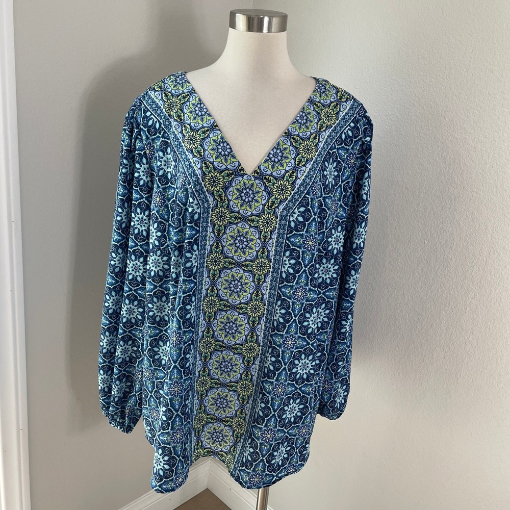 Belle Boho Kim Gravel Womens Plus 3X Blue Medallion Tile V Neck Tunic Blouse